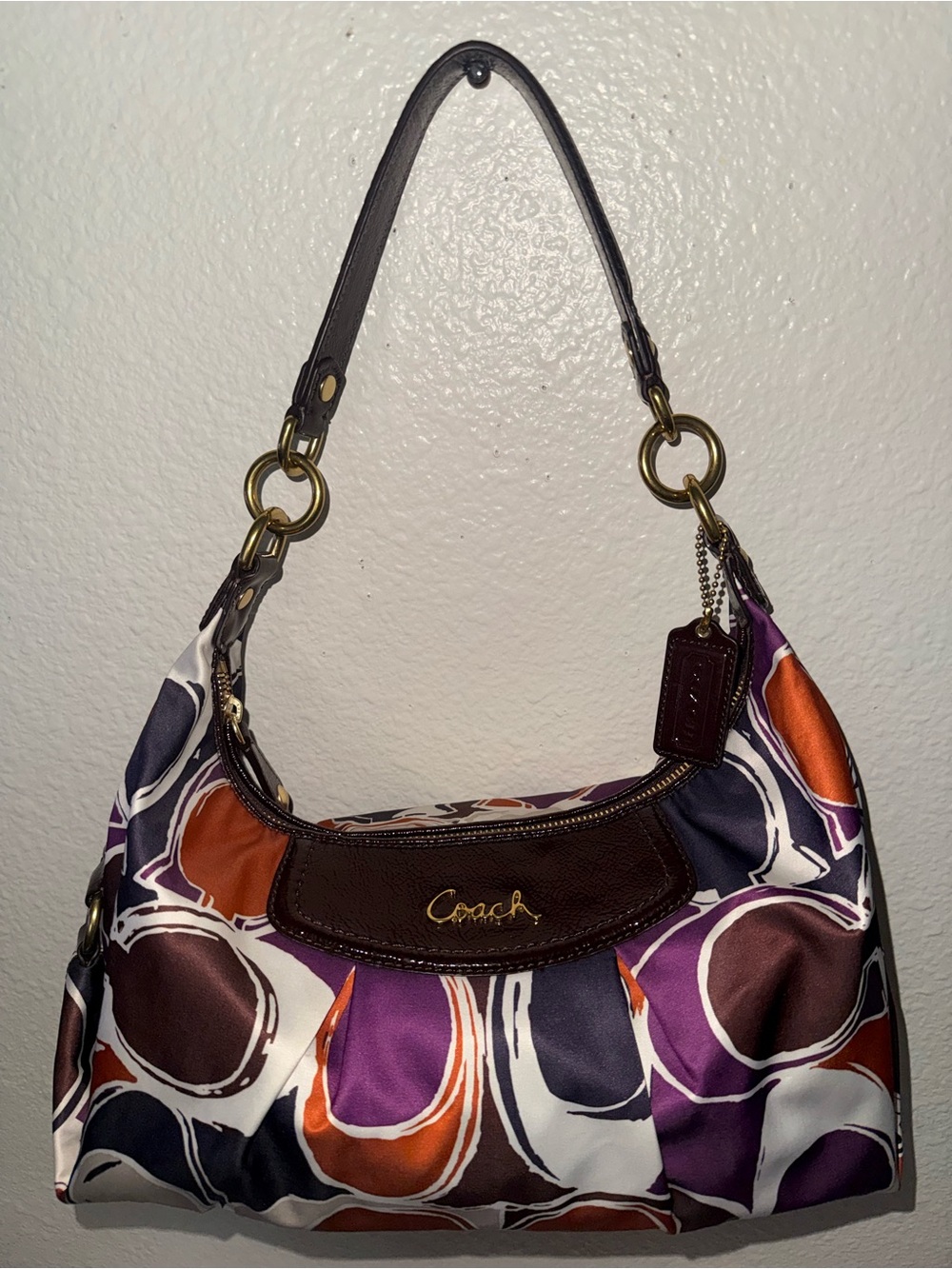 Coach Brown Leather-Trim Multicolor Circle Print Shoulder Bag
